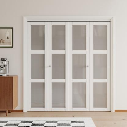 [Paintable] JUJUBON  Bifold Doors, 3-Lite Tempered Frosted Glass Closet Door with Sliding Hardware Kit, Interior Bi Fold Doors for Pantry, Solid Build Quality & Easy Install, White