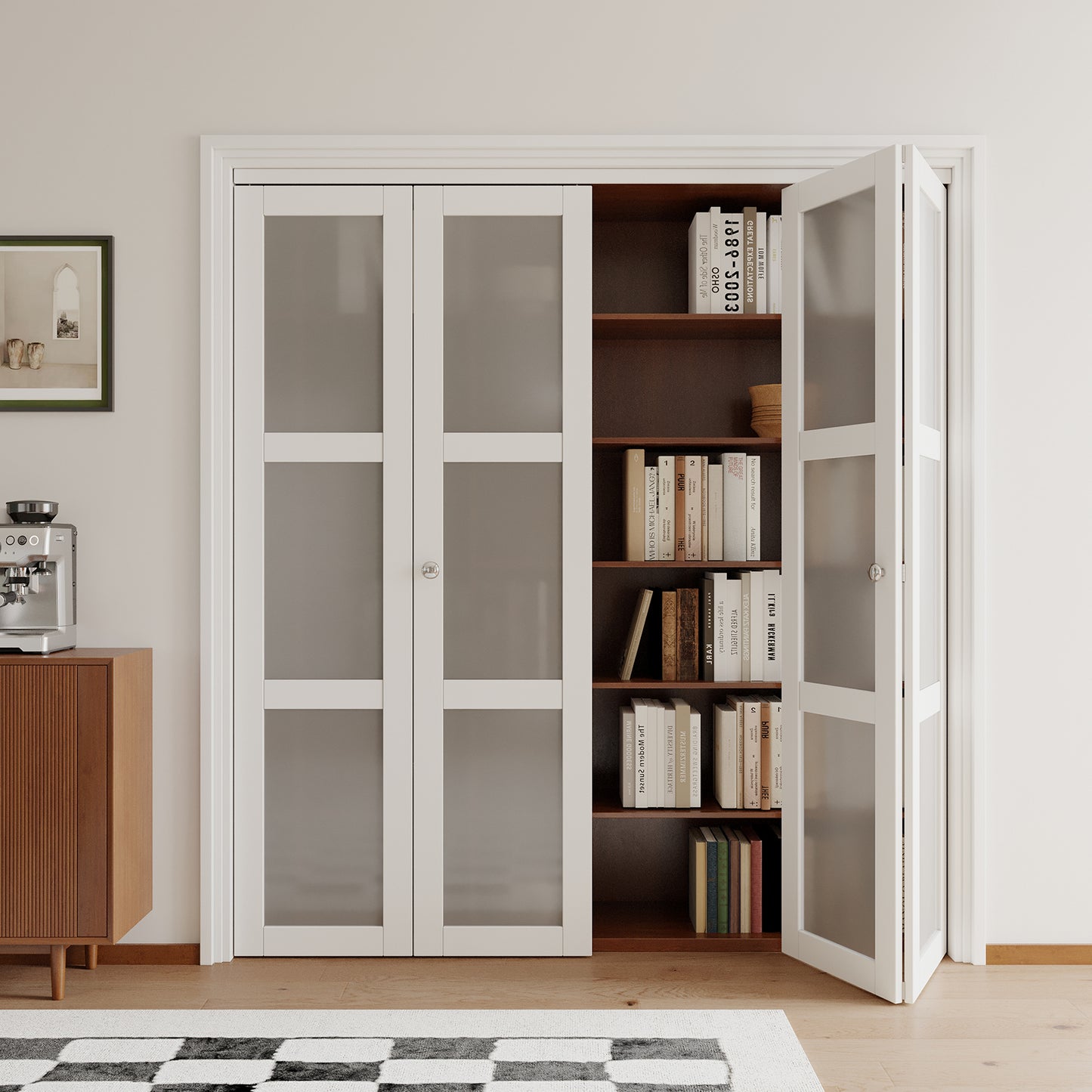 [Paintable] JUJUBON  Bifold Doors, 3-Lite Tempered Frosted Glass Closet Door with Sliding Hardware Kit, Interior Bi Fold Doors for Pantry, Solid Build Quality & Easy Install, White