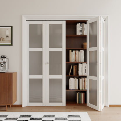 [Paintable] JUJUBON  Bifold Doors, 3-Lite Tempered Frosted Glass Closet Door with Sliding Hardware Kit, Interior Bi Fold Doors for Pantry, Solid Build Quality & Easy Install, White