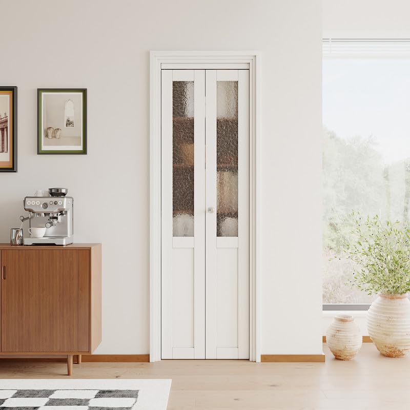 JUJUBON Bi-Fold Doors for Opening, Half Tempered Frosted Glass Closet Door with MDF Panel Hardware Kit Included, Interior Folding Door Easy Assembly