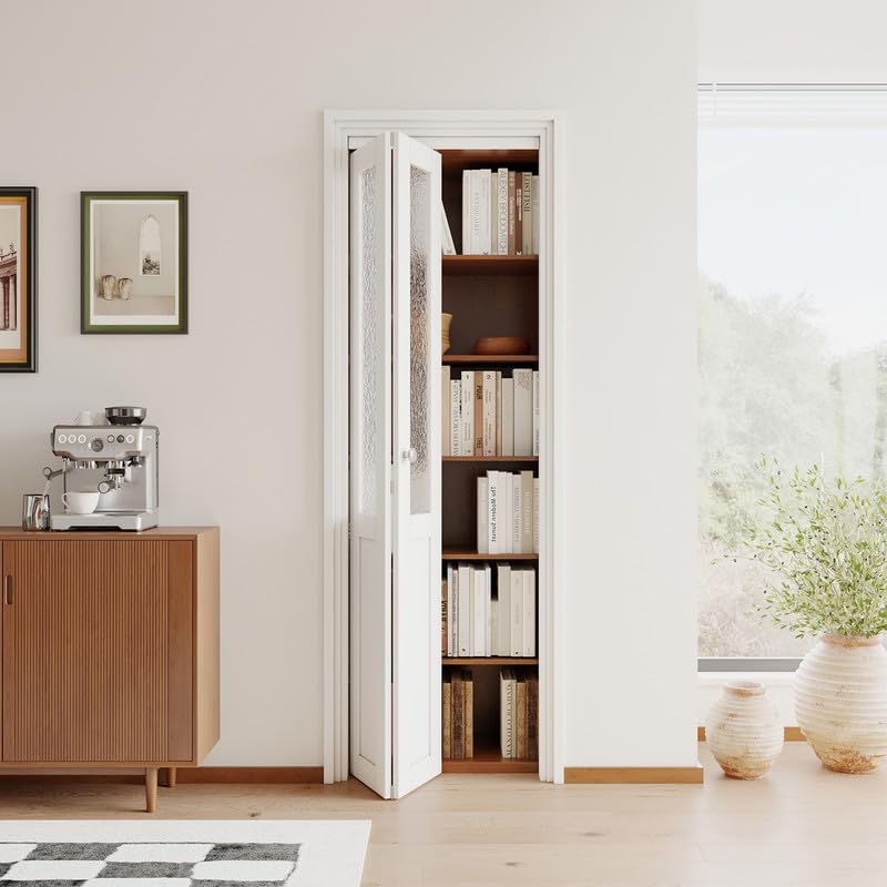 JUJUBON Bi-Fold Doors for Opening, Half Tempered Frosted Glass Closet Door with MDF Panel Hardware Kit Included, Interior Folding Door Easy Assembly