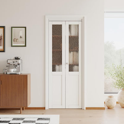 JUJUBON Bi-Fold Doors for Opening, Half Tempered Frosted Glass Closet Door with MDF Panel Hardware Kit Included, Interior Folding Door Easy Assembly