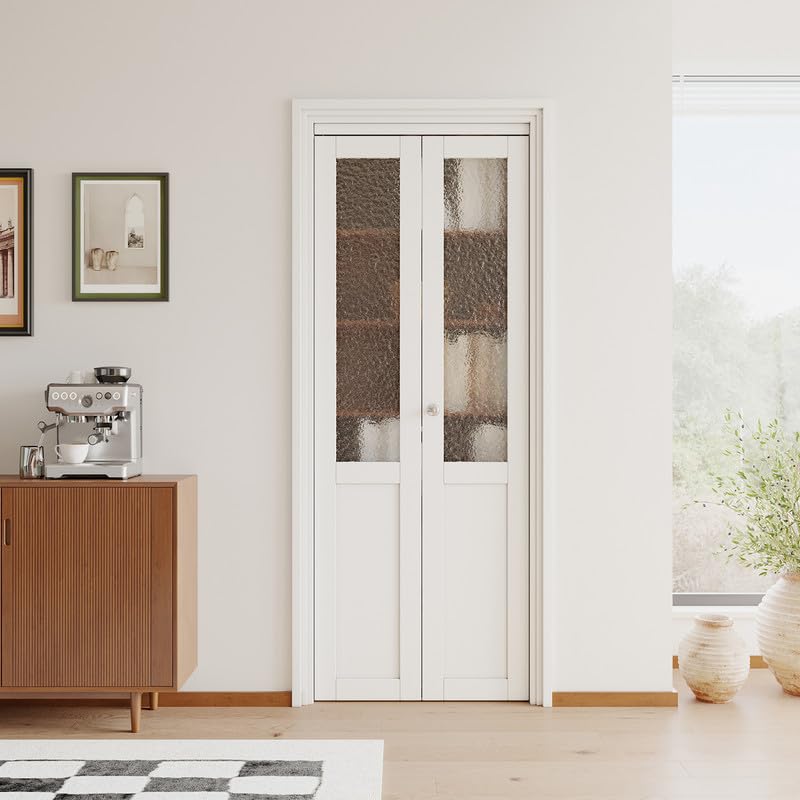 JUJUBON Bi-Fold Doors for Opening, Half Tempered Frosted Glass Closet Door with MDF Panel Hardware Kit Included, Interior Folding Door Easy Assembly