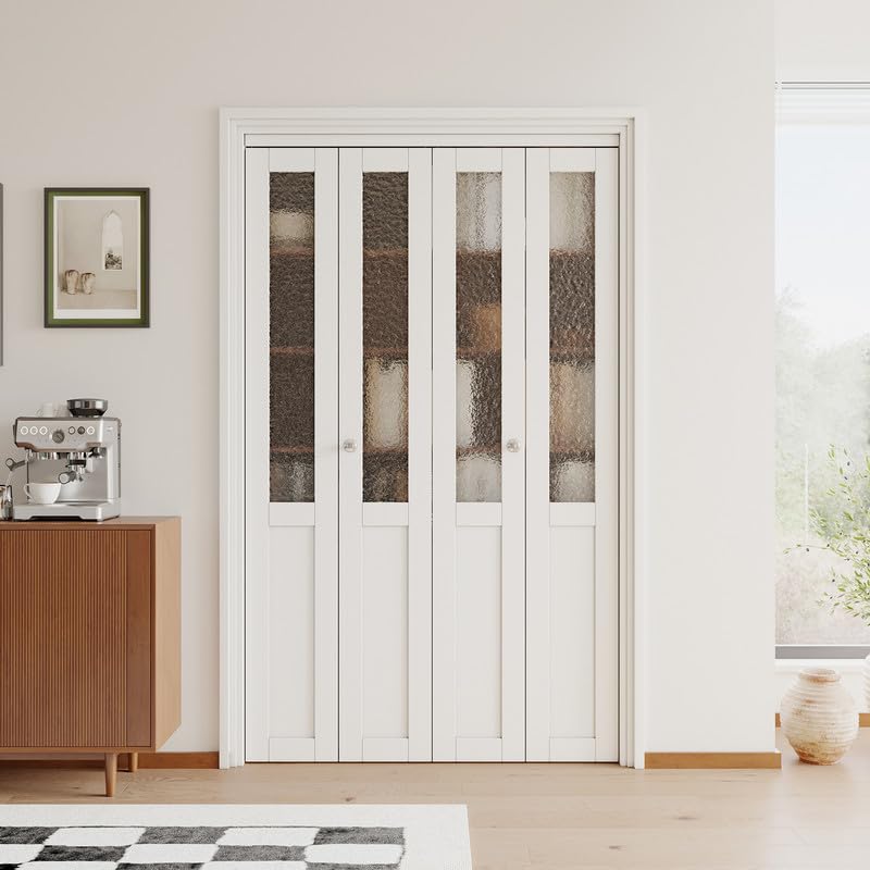 JUJUBON Bi-Fold Doors for Opening, Half Tempered Frosted Glass Closet Door with MDF Panel Hardware Kit Included, Interior Folding Door Easy Assembly