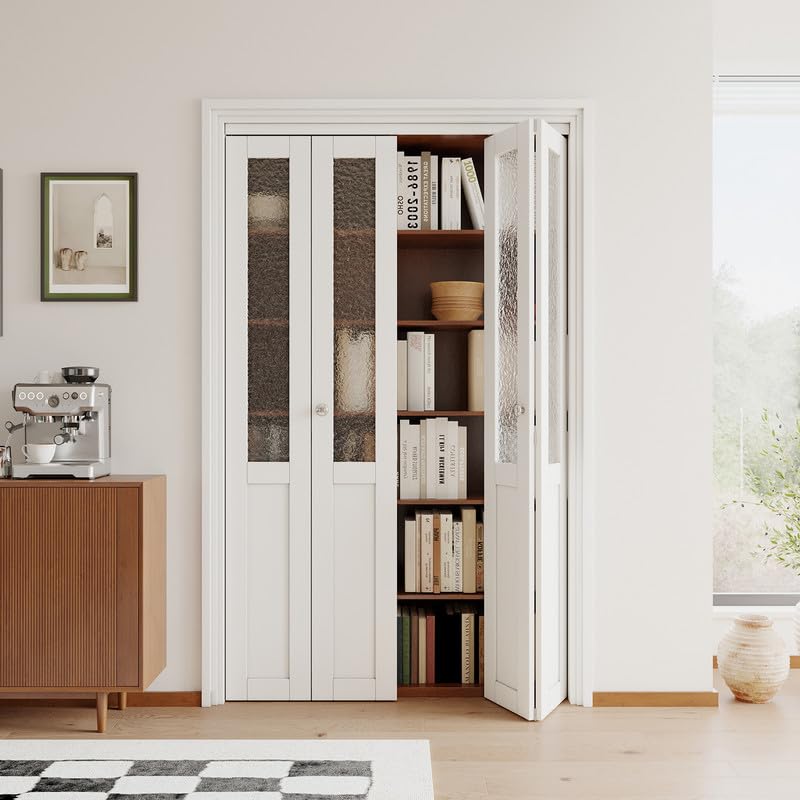 JUJUBON Bi-Fold Doors for Opening, Half Tempered Frosted Glass Closet Door with MDF Panel Hardware Kit Included, Interior Folding Door Easy Assembly