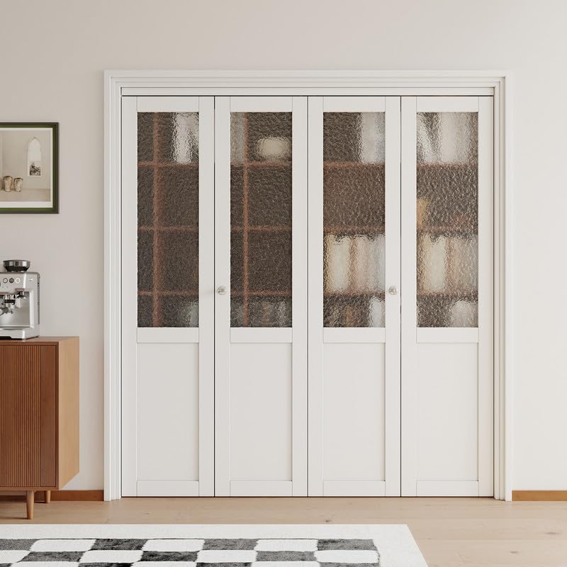 JUJUBON Bi-Fold Doors for Opening, Half Tempered Frosted Glass Closet Door with MDF Panel Hardware Kit Included, Interior Folding Door Easy Assembly