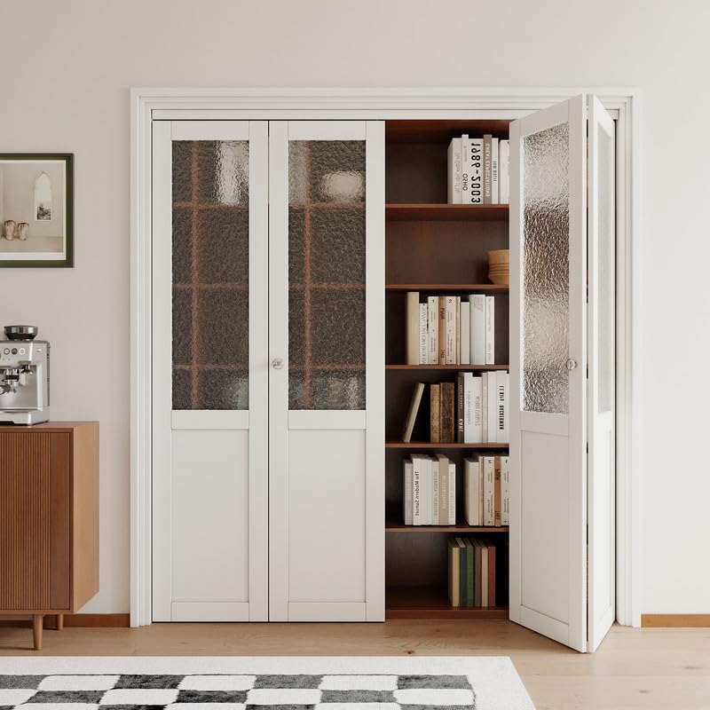 JUJUBON Bi-Fold Doors for Opening, Half Tempered Frosted Glass Closet Door with MDF Panel Hardware Kit Included, Interior Folding Door Easy Assembly