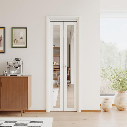 JUJUBON Bi-Fold Doors, One Side Mirrored Closet Door with Hardware Kit, Solid MDF Interior Folding Door Easy Install-White