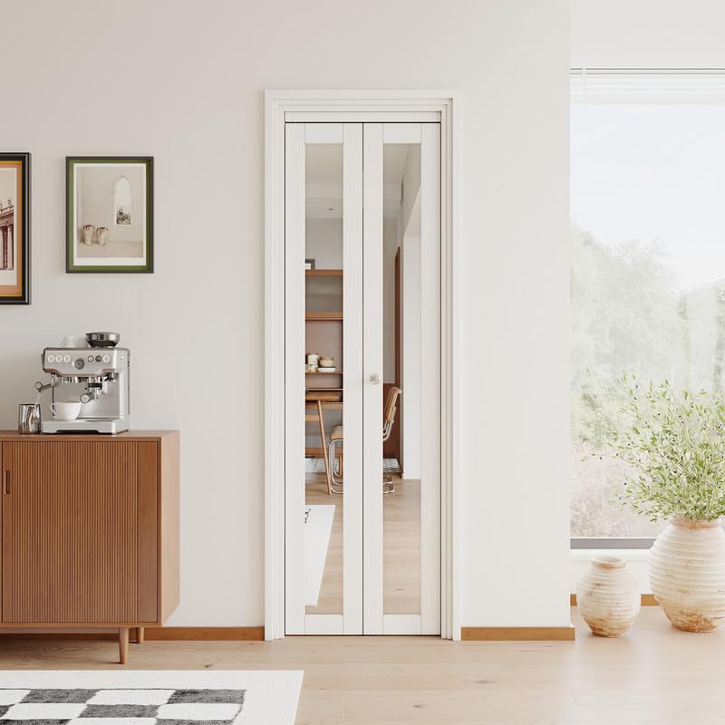 JUJUBON Bi-Fold Doors, One Side Mirrored Closet Door with Hardware Kit, Solid MDF Interior Folding Door Easy Install-White