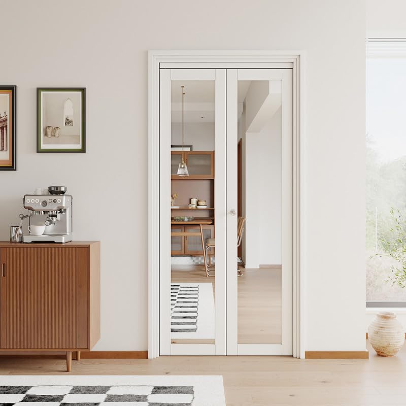 JUJUBON Bi-Fold Doors, One Side Mirrored Closet Door with Hardware Kit, Solid MDF Interior Folding Door Easy Install-White