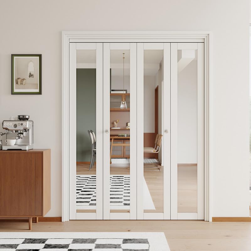 JUJUBON Bi-Fold Doors, One Side Mirrored Closet Door with Hardware Kit, Solid MDF Interior Folding Door Easy Install-White