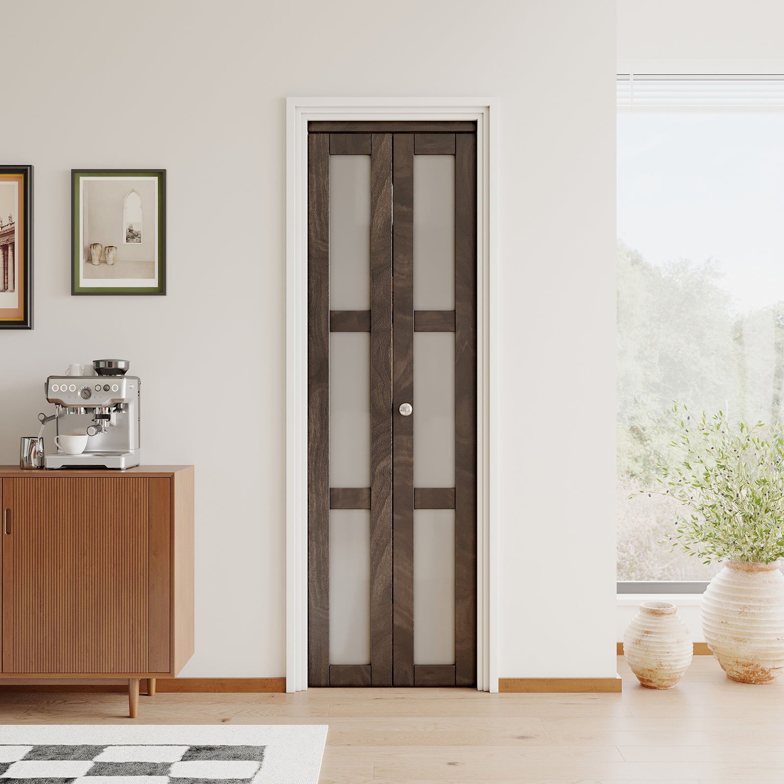JUJUBON Bi-Fold Doors, 3-Lite Tempered Frosted Glass Closet Door Hardware Kit Included, Interior Folding Door Pre-Drilled Easy Assembly, Ancient Wood Color
