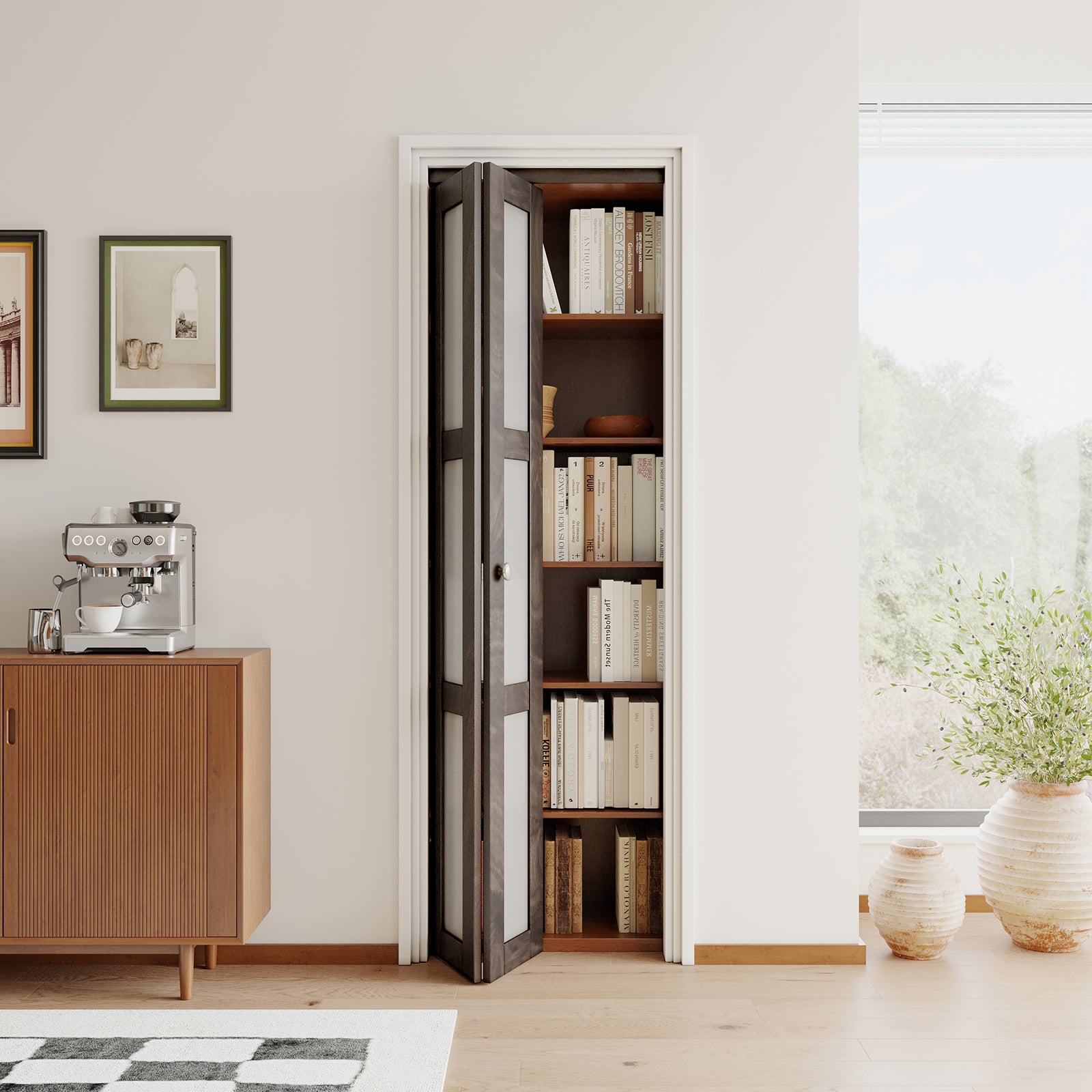JUJUBON Bi-Fold Doors, 3-Lite Tempered Frosted Glass Closet Door Hardware Kit Included, Interior Folding Door Pre-Drilled Easy Assembly, Ancient Wood Color