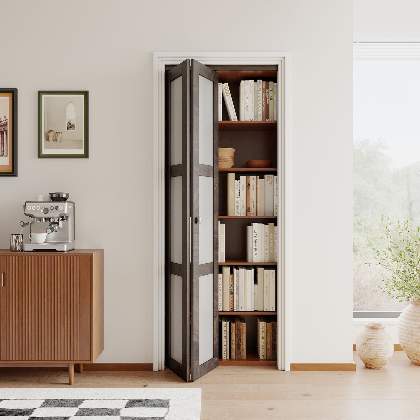 JUJUBON Bi-Fold Doors, 3-Lite Tempered Frosted Glass Closet Door Hardware Kit Included, Interior Folding Door Pre-Drilled Easy Assembly, Ancient Wood Color