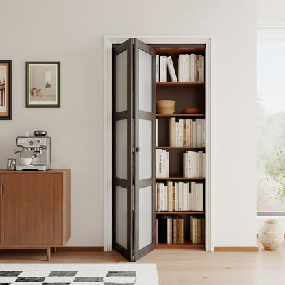 JUJUBON Bi-Fold Doors, 3-Lite Tempered Frosted Glass Closet Door Hardware Kit Included, Interior Folding Door Pre-Drilled Easy Assembly, Ancient Wood Color