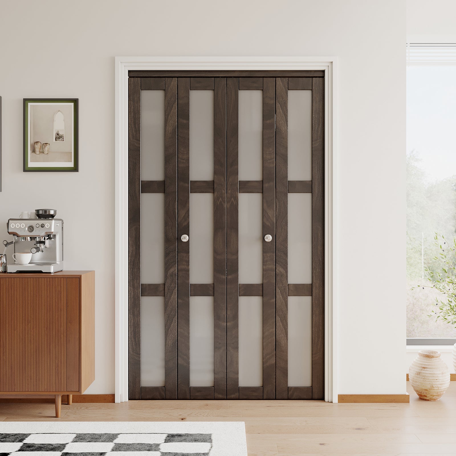 JUJUBON Bi-Fold Doors, 3-Lite Tempered Frosted Glass Closet Door Hardware Kit Included, Interior Folding Door Pre-Drilled Easy Assembly, Ancient Wood Color