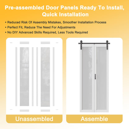 Paintable Bifold Barn Door - Fingerprint-Resistant 3-Lite Tempered Frosted Glass Folding Barn Door with Sliding Hardware Kit Included, Pre-assembled Solid Core MDF Panels, Primed White Finish