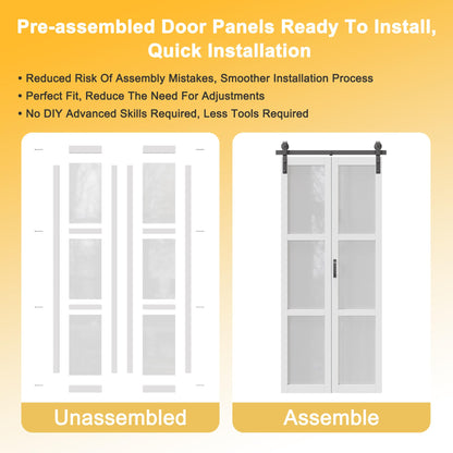 Paintable Bifold Barn Door, Fingerprint-Resistant Frosted Glass Bifold Barn Door with Good Privacy, Pre-Assembled Solid Core MDF Panels for Closet Pantry Laundry, Easily Install