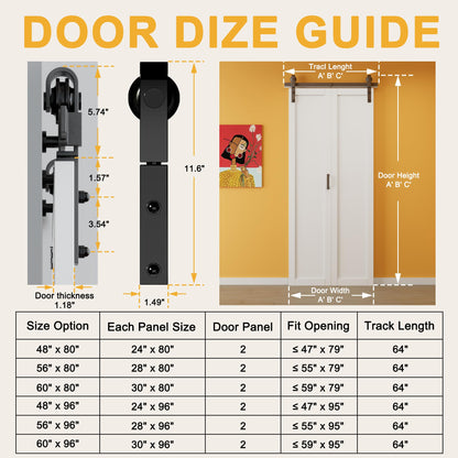 Paintable Bifold Barn Door, 3-Lite Tempered Frosted Glass Barn Door Bifold Closet Doors with Hardware Kit Included, Water-Resistant Pre-Assembled MDF Panels, Smooth Sliding Easy Install