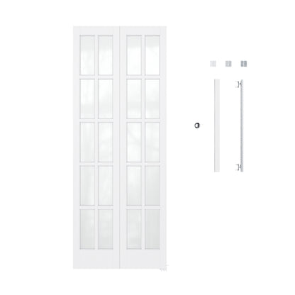 JUJUBON Bifold Doors, 10-Lite Tempered Frosted Glass Closet Doors with Sliding Hardware Kit, Preassembled Interior Bi Fold Doors for Pantry, Solid Build Quality & Easy Install, White