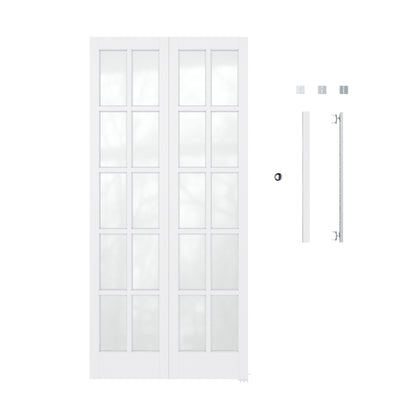 JUJUBON Bifold Doors, 10-Lite Tempered Frosted Glass Closet Doors with Sliding Hardware Kit, Preassembled Interior Bi Fold Doors for Pantry, Solid Build Quality & Easy Install, White