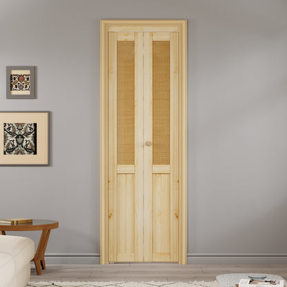 JUJUBON  Rattan Bifold Closet Door, Cane Webbing & Pine Wood Interior Door Slab, Folding Barn Door Interior with Hardware, Fascia & Knob, Unfnished Smooth Surface