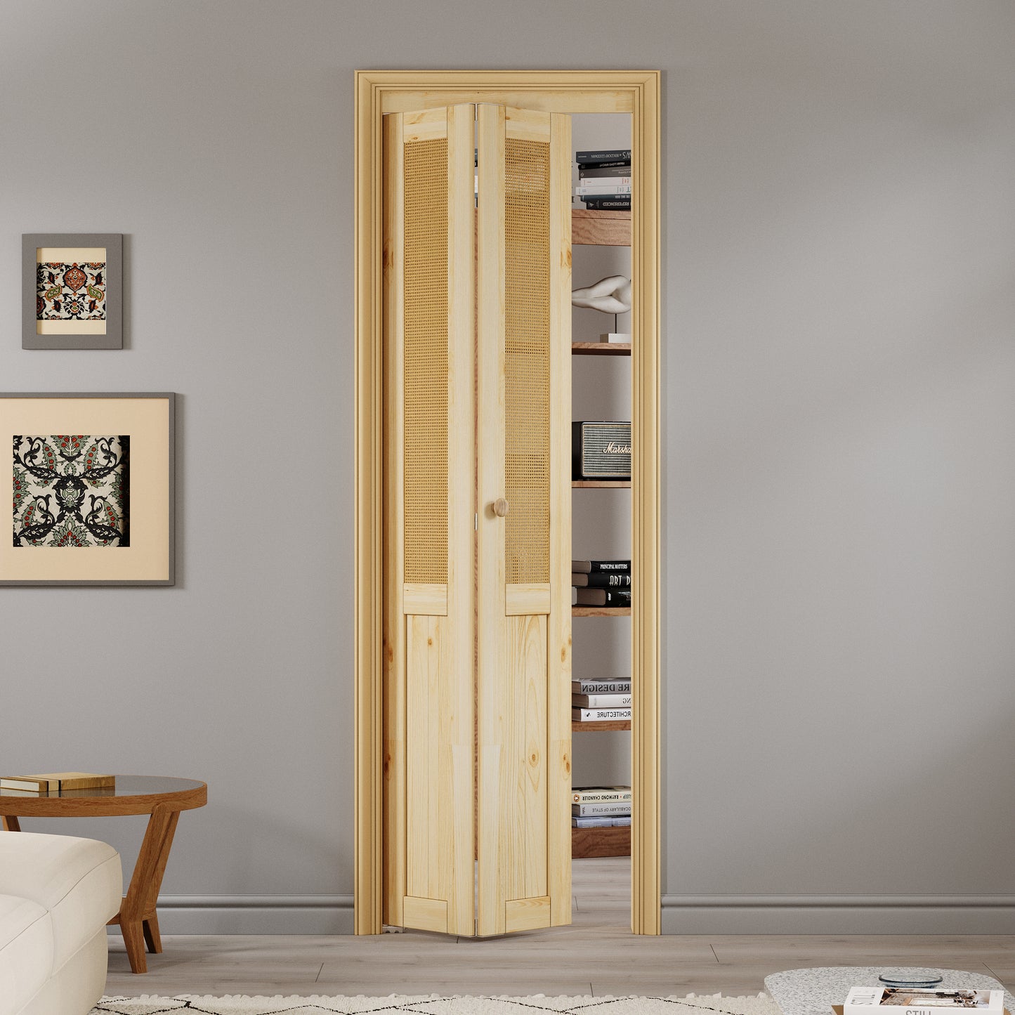 JUJUBON  Rattan Bifold Closet Door, Cane Webbing & Pine Wood Interior Door Slab, Folding Barn Door Interior with Hardware, Fascia & Knob, Unfnished Smooth Surface