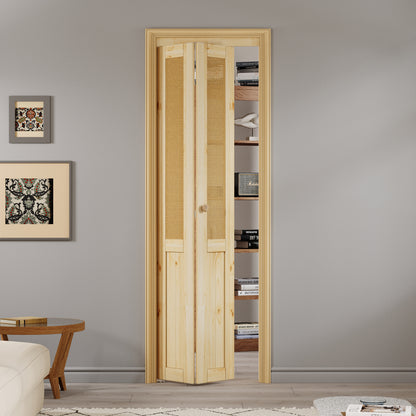 JUJUBON  Rattan Bifold Closet Door, Cane Webbing & Pine Wood Interior Door Slab, Folding Barn Door Interior with Hardware, Fascia & Knob, Unfnished Smooth Surface