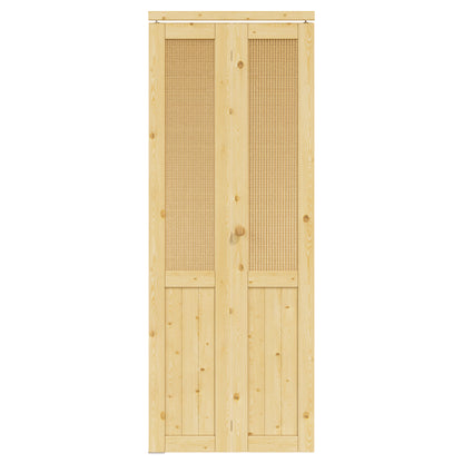 JUJUBON  Rattan Bifold Closet Door, Cane Webbing & Pine Wood Interior Door Slab, Folding Barn Door Interior with Hardware, Fascia & Knob, Unfnished Smooth Surface