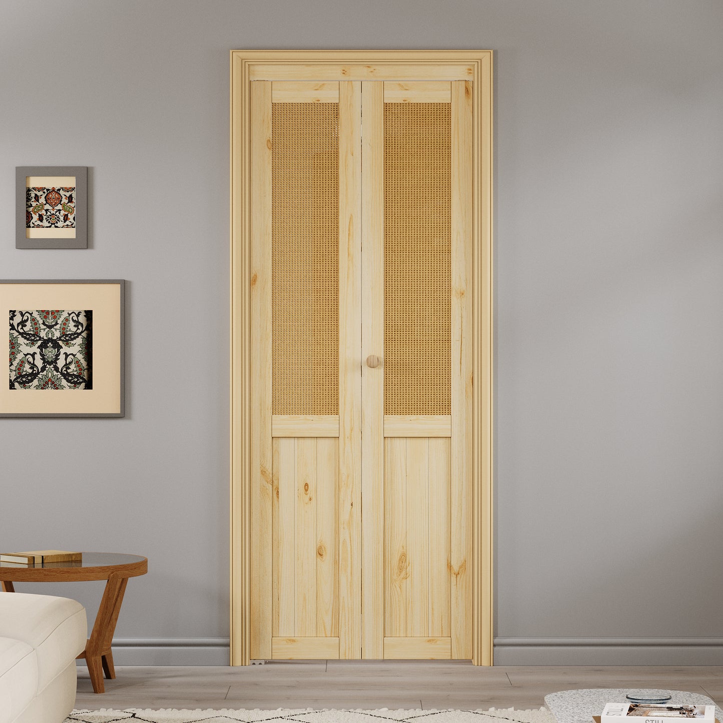 JUJUBON  Rattan Bifold Closet Door, Cane Webbing & Pine Wood Interior Door Slab, Folding Barn Door Interior with Hardware, Fascia & Knob, Unfnished Smooth Surface