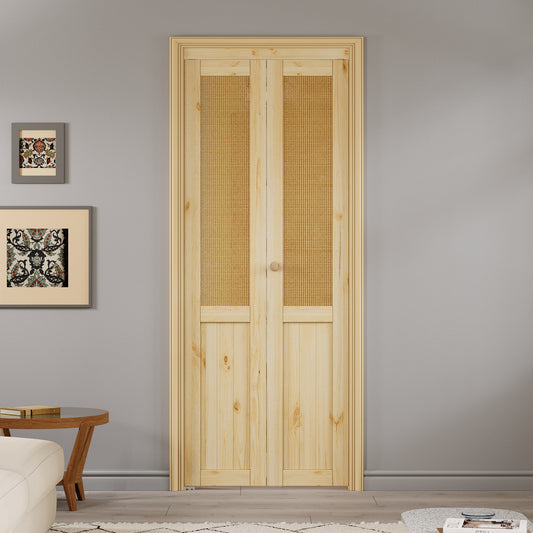 JUJUBON  Rattan Bifold Closet Door, Cane Webbing & Pine Wood Interior Door Slab, Folding Barn Door Interior with Hardware, Fascia & Knob, Unfnished Smooth Surface