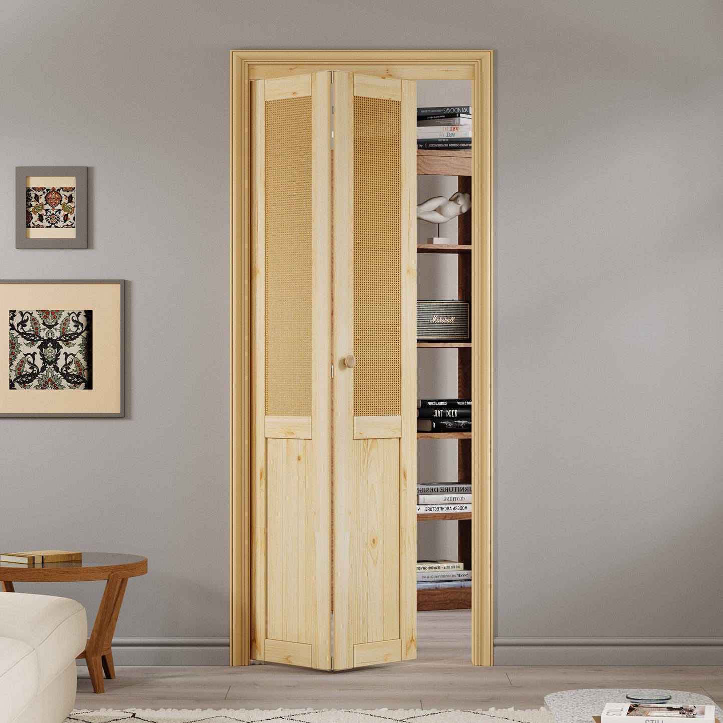 JUJUBON  Rattan Bifold Closet Door, Cane Webbing & Pine Wood Interior Door Slab, Folding Barn Door Interior with Hardware, Fascia & Knob, Unfnished Smooth Surface