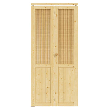 JUJUBON  Rattan Bifold Closet Door, Cane Webbing & Pine Wood Interior Door Slab, Folding Barn Door Interior with Hardware, Fascia & Knob, Unfnished Smooth Surface