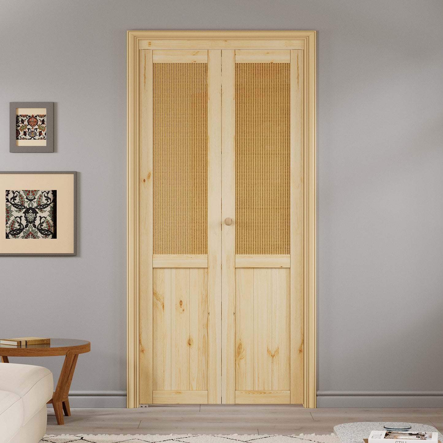 JUJUBON  Rattan Bifold Closet Door, Cane Webbing & Pine Wood Interior Door Slab, Folding Barn Door Interior with Hardware, Fascia & Knob, Unfnished Smooth Surface