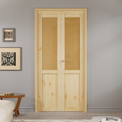 JUJUBON  Rattan Bifold Closet Door, Cane Webbing & Pine Wood Interior Door Slab, Folding Barn Door Interior with Hardware, Fascia & Knob, Unfnished Smooth Surface