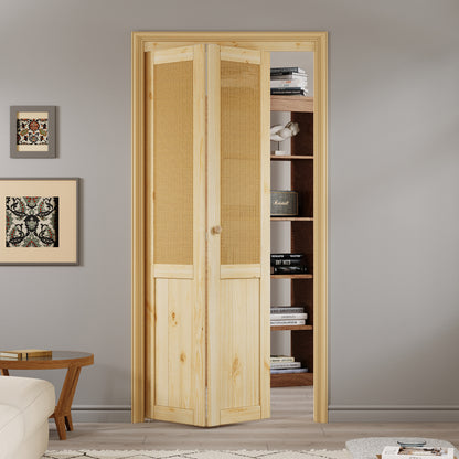 JUJUBON  Rattan Bifold Closet Door, Cane Webbing & Pine Wood Interior Door Slab, Folding Barn Door Interior with Hardware, Fascia & Knob, Unfnished Smooth Surface