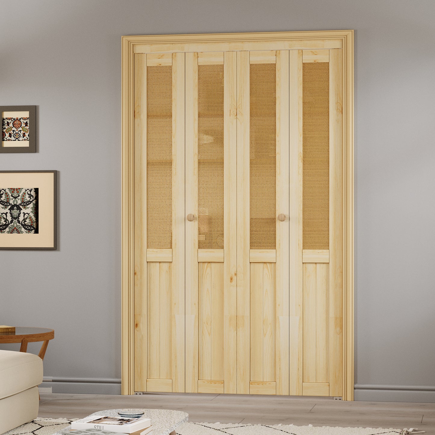 JUJUBON  Rattan Bifold Closet Door, Cane Webbing & Pine Wood Interior Door Slab, Folding Barn Door Interior with Hardware, Fascia & Knob, Unfnished Smooth Surface