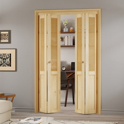 JUJUBON  Rattan Bifold Closet Door, Cane Webbing & Pine Wood Interior Door Slab, Folding Barn Door Interior with Hardware, Fascia & Knob, Unfnished Smooth Surface