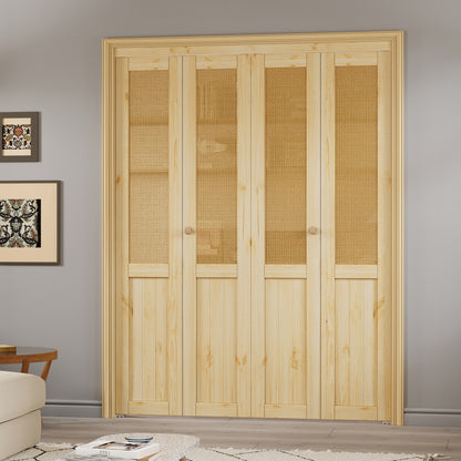 JUJUBON  Rattan Bifold Closet Door, Cane Webbing & Pine Wood Interior Door Slab, Folding Barn Door Interior with Hardware, Fascia & Knob, Unfnished Smooth Surface