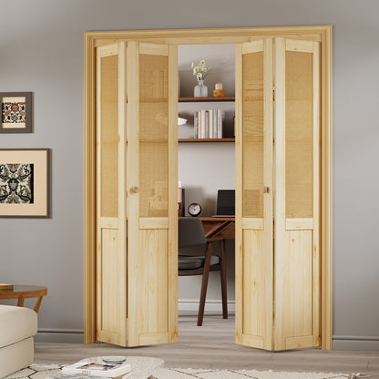 JUJUBON  Rattan Bifold Closet Door, Cane Webbing & Pine Wood Interior Door Slab, Folding Barn Door Interior with Hardware, Fascia & Knob, Unfnished Smooth Surface