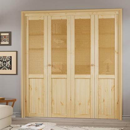 JUJUBON  Rattan Bifold Closet Door, Cane Webbing & Pine Wood Interior Door Slab, Folding Barn Door Interior with Hardware, Fascia & Knob, Unfnished Smooth Surface