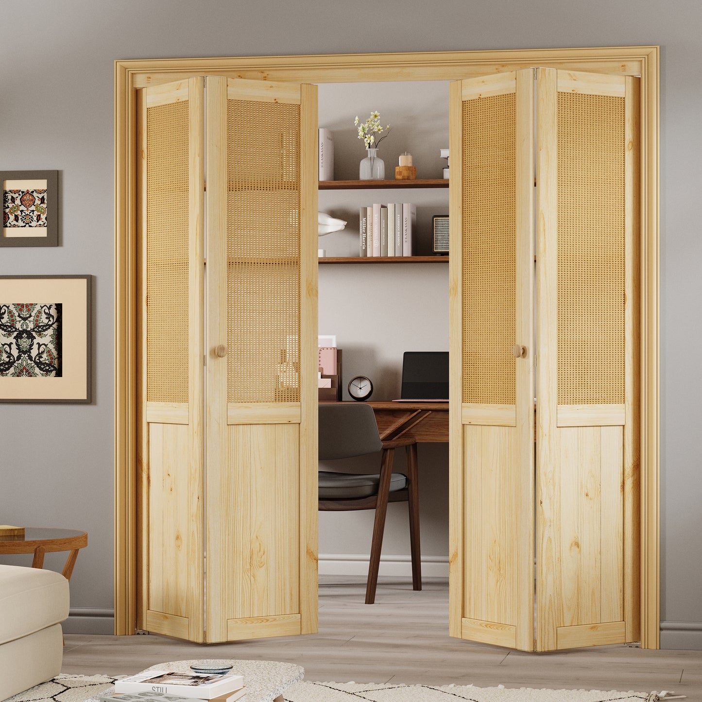 JUJUBON  Rattan Bifold Closet Door, Cane Webbing & Pine Wood Interior Door Slab, Folding Barn Door Interior with Hardware, Fascia & Knob, Unfnished Smooth Surface