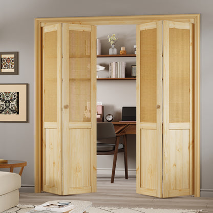 JUJUBON  Rattan Bifold Closet Door, Cane Webbing & Pine Wood Interior Door Slab, Folding Barn Door Interior with Hardware, Fascia & Knob, Unfnished Smooth Surface
