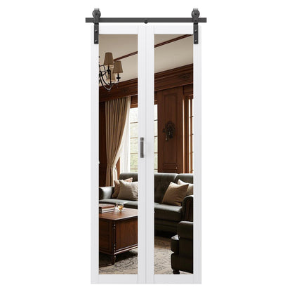 Pre-Assembled Solid Core Panels Bifold Barn Doors, Full-Length Mirrored Folding Barn Door Closet Doors, BiFold Barn Door with Hardware Kit for Interior Pantry Laundry Closet