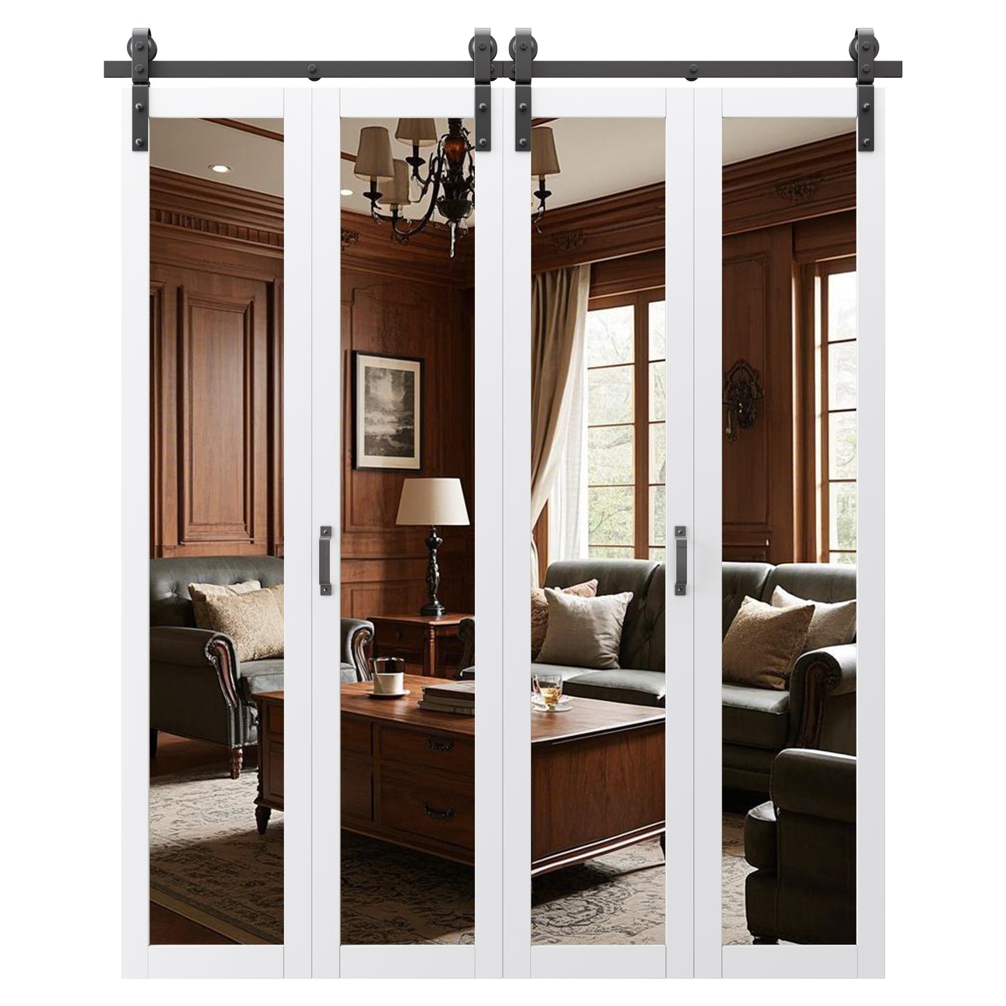Pre-Assembled Solid Core Panels Bifold Barn Doors, Full-Length Mirrored Folding Barn Door Closet Doors, BiFold Barn Door with Hardware Kit for Interior Pantry Laundry Closet