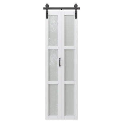 Paintable Bifold Barn Door, Fingerprint-Resistant Frosted Glass Bifold Barn Door with Good Privacy, Pre-Assembled Solid Core MDF Panels for Closet Pantry Laundry, Easily Install