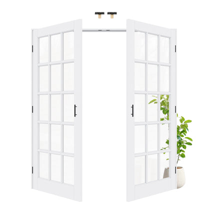 Jujubon 15-Lite Clear Glass White Solid Core Finished Glass French Door Panels with Silver Ball Catch, with Ready-to-Assemble Jamb