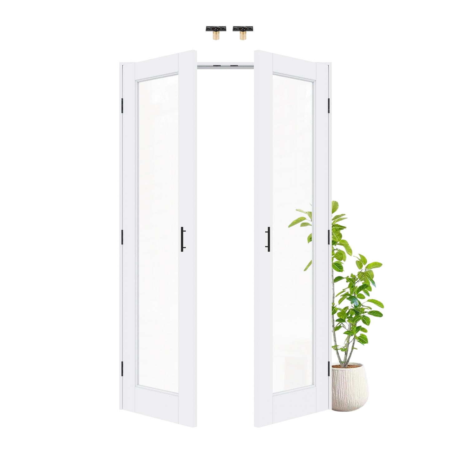 Jujubon 1-Lite Clear Glass White Solid Core Finished Glass French Door Panels with Black Ball Catch, with Ready-to-Assemble Jamb