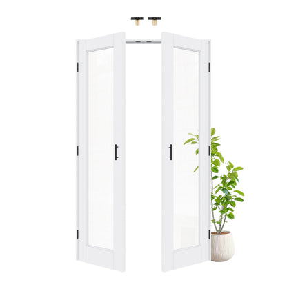 Jujubon 1-Lite Clear Glass White Solid Core Finished Glass French Door Panels with Black Ball Catch, with Ready-to-Assemble Jamb