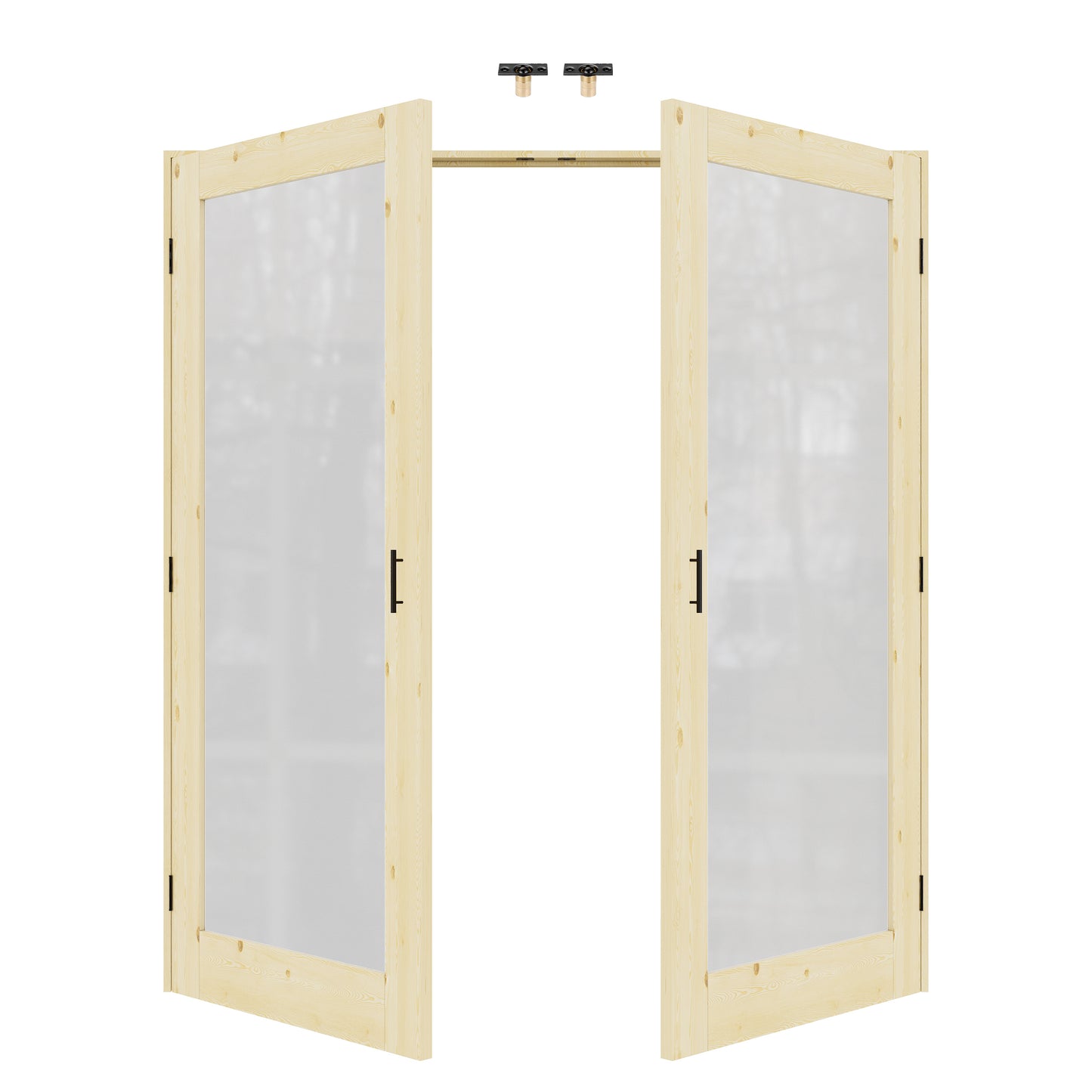 Jujubon 1-Lite Frosted Glass Pine Wood Solid Core Finished Glass French Door Panels with Black Ball Catch, with Ready-to-Assemble Jamb